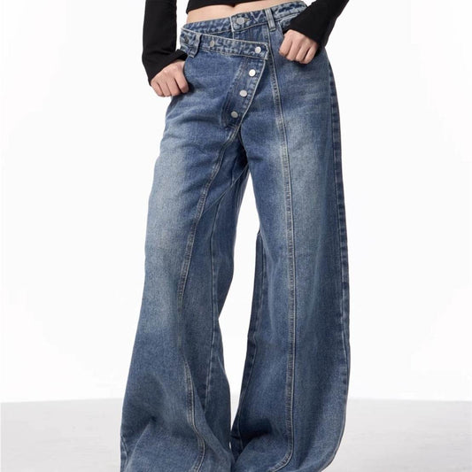 Irregular Breasted Blue Wide Leg Jeans - Trendy Loose Fit for Women - Buy Center