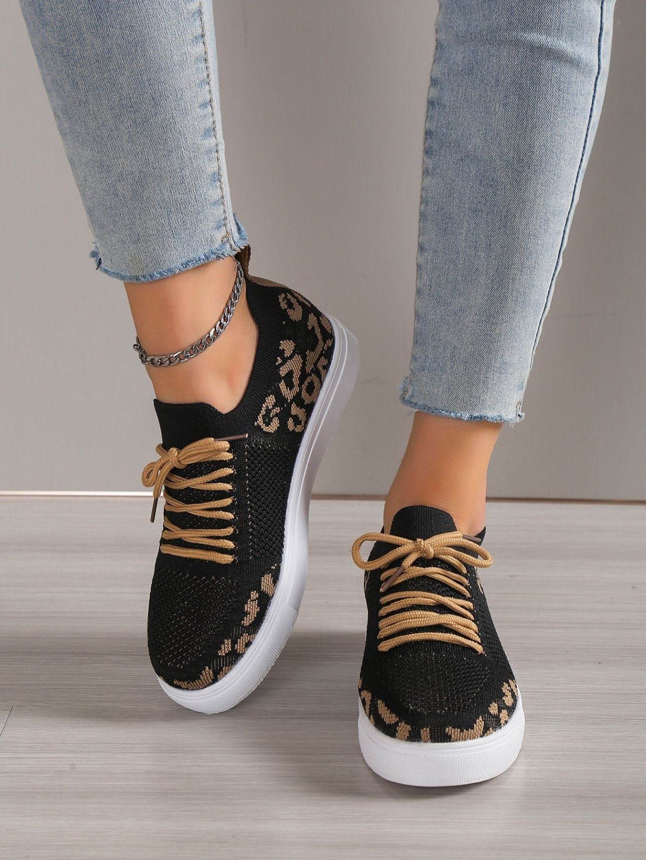 Buycenter Women's Casual Sports Flats - Leopard Print Flyknit Shoes - Buy Center