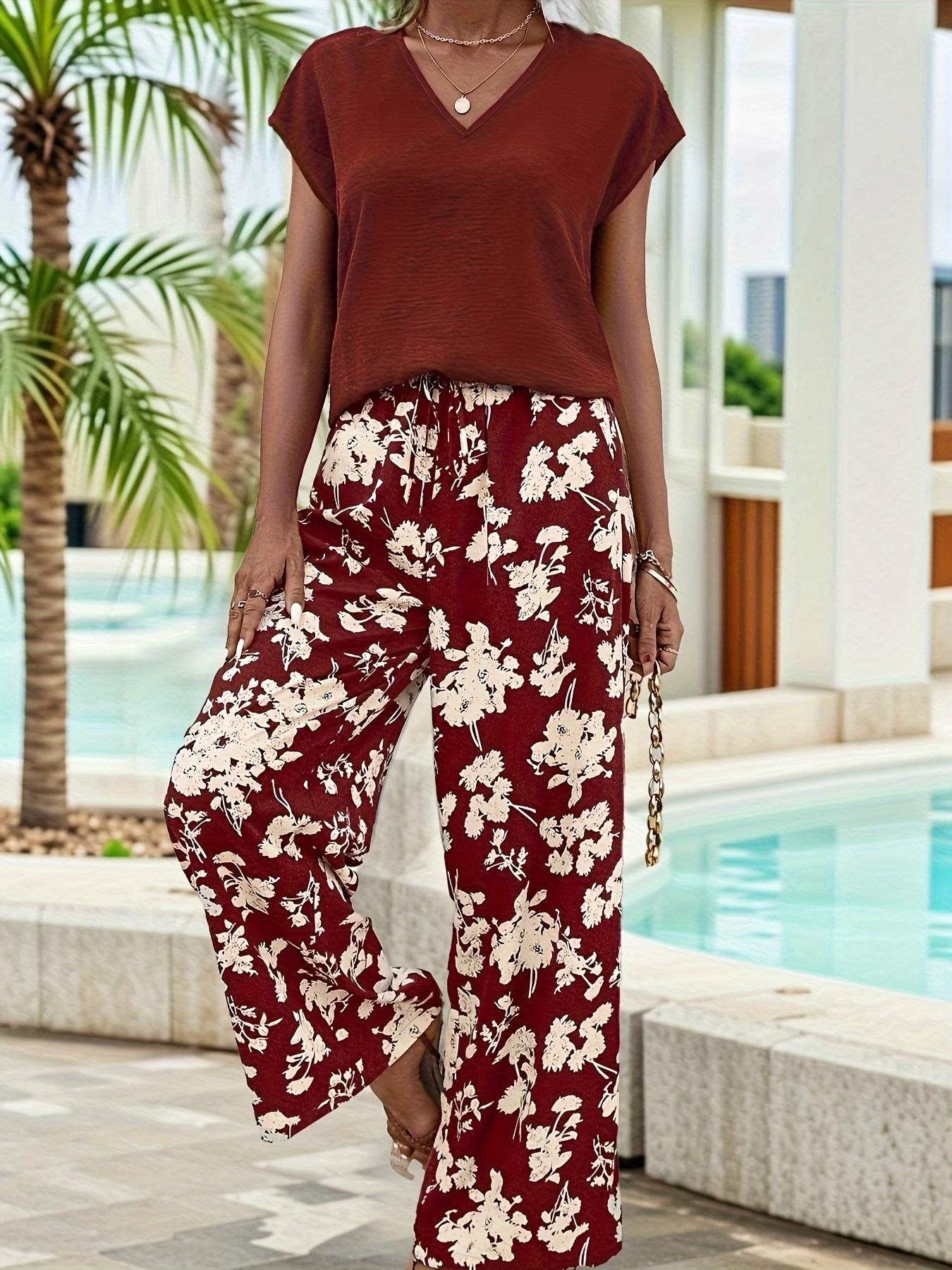 Casual Women's Spring & Summer Pants Set - V Neck & Floral Print - Buy Center
