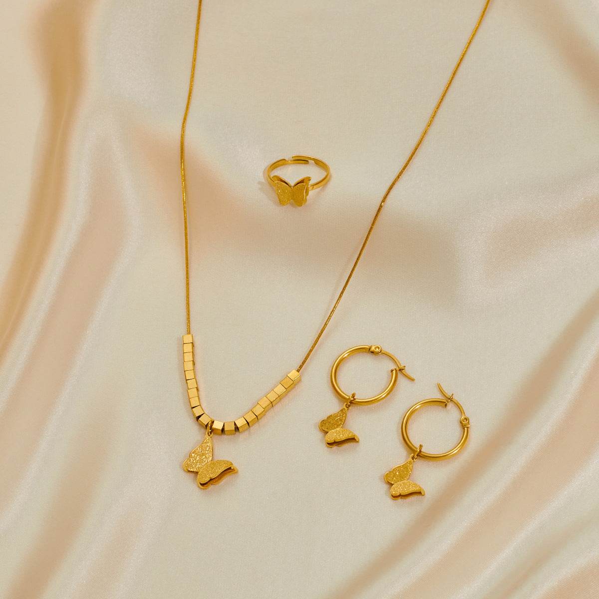 Stainless Steel Jewelry Set - Necklace, Earrings & Ring Trio in Butterfly Design - Buy Center