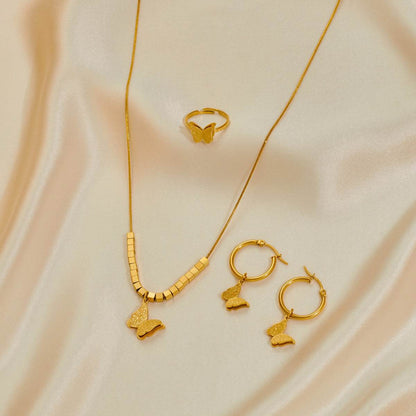 Stainless Steel Jewelry Set - Necklace, Earrings & Ring Trio in Butterfly Design - Buy Center