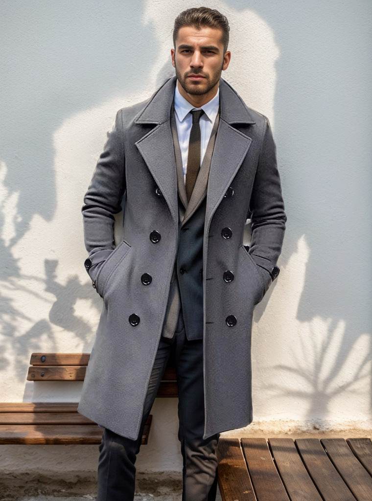 Men's Slim-Fit Woolen Trench Coat - Double-Breasted Stylish Outerwear - Buy Center