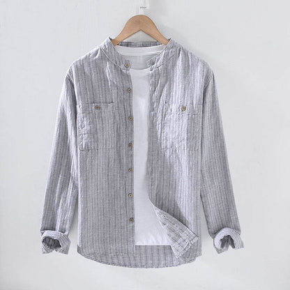Striped Chinese Style Blouse - Elegant Stand Collar, Long Sleeve Cotton Linen - Buy Center