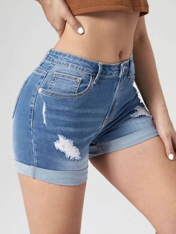 Buycenter Women's High Waist Denim Shorts - Curling Holes, Street Fashion - Buy Center