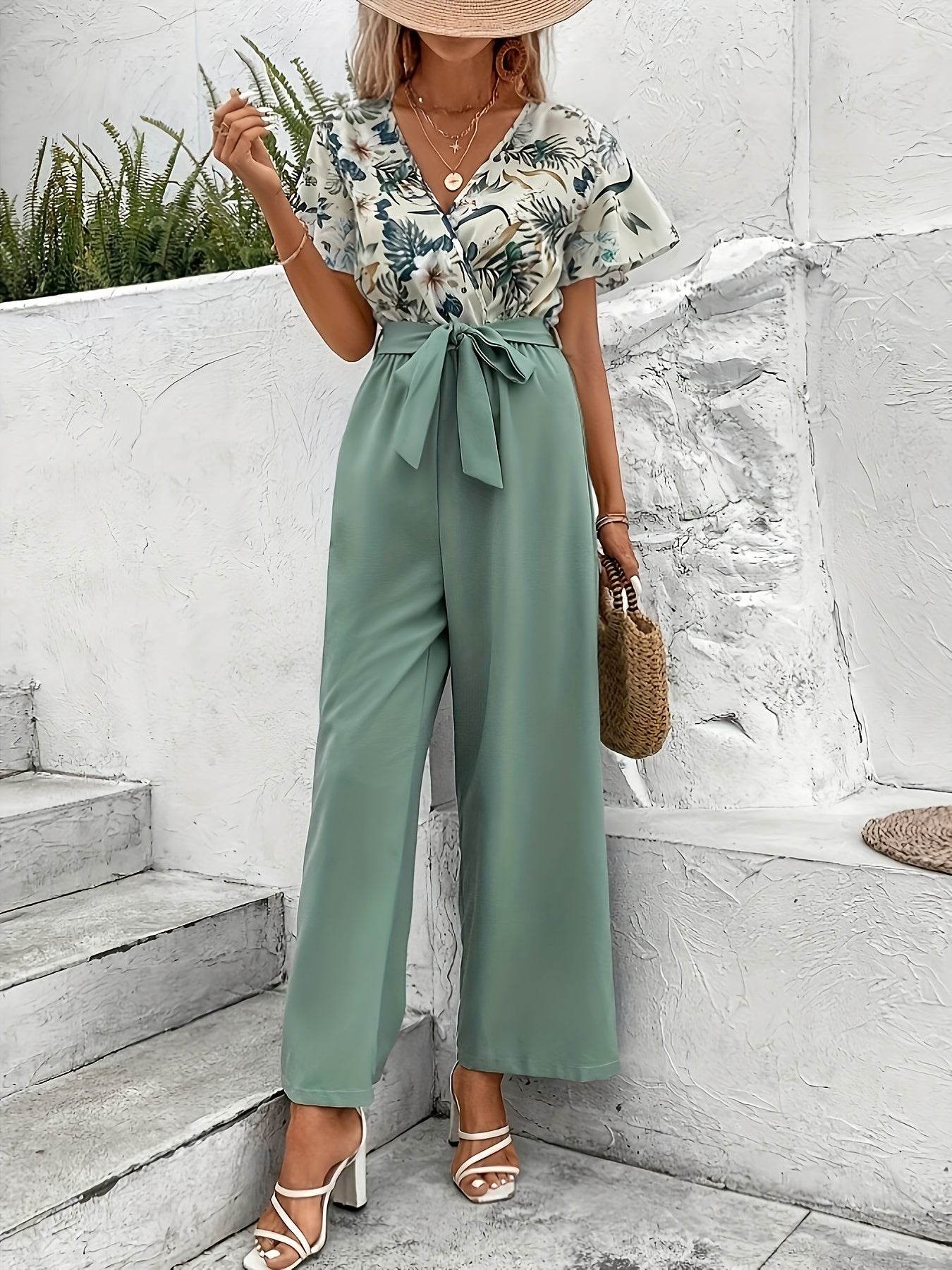 Women's Floral V-Neck Top & Wide-Leg Pants Suit Set - Casual Style - Buy Center