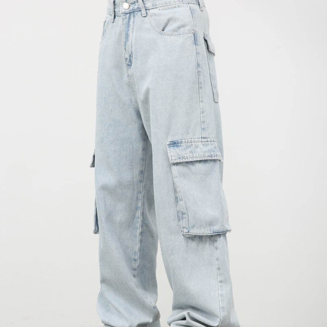 Retro Light Blue Cargo Jeans for Men - Trendy Korean Style, Loose Fit - Buy Center