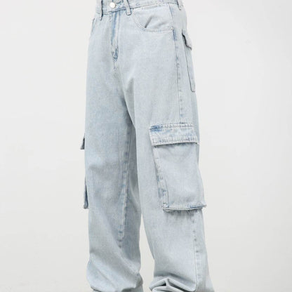 Retro Light Blue Cargo Jeans for Men - Trendy Korean Style, Loose Fit - Buy Center