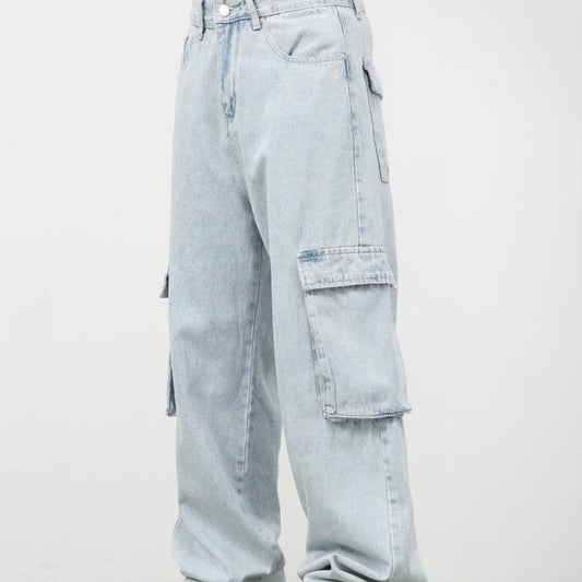 Retro Light Blue Cargo Jeans for Men - Trendy Korean Style, Loose Fit - Buy Center