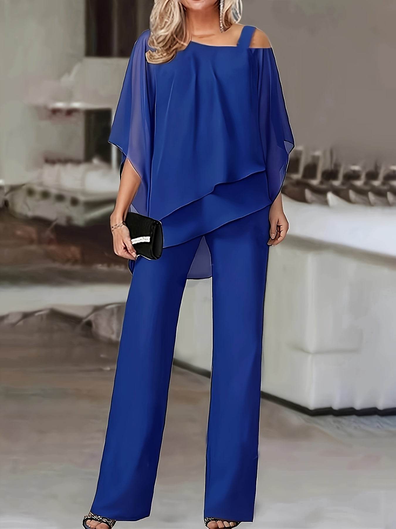 Elegant Off-Shoulder Asymmetrical Blouse & Pants Set - Purple Casual - Buy Center