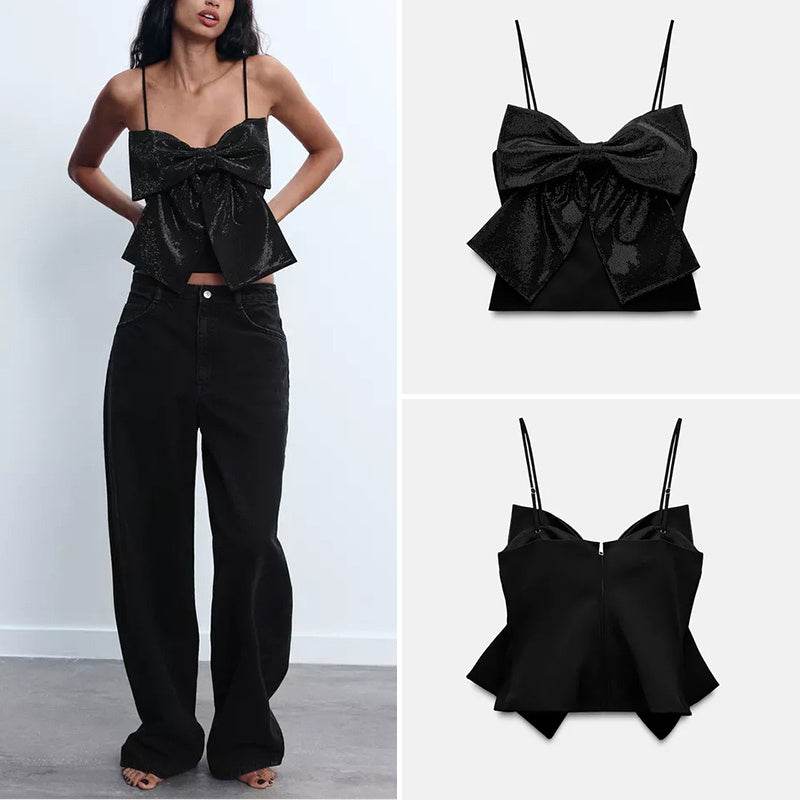 Women's Sleeveless Rhinestone Bowknot Camisole - Chic Black Top for 2025 - Buy Center