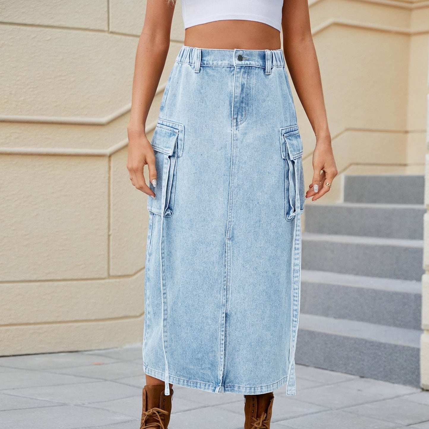 Washed Elastic Waist Ribbon Skirt - Chic Mid-Length Denim in Light & Dark Blue - Buy Center