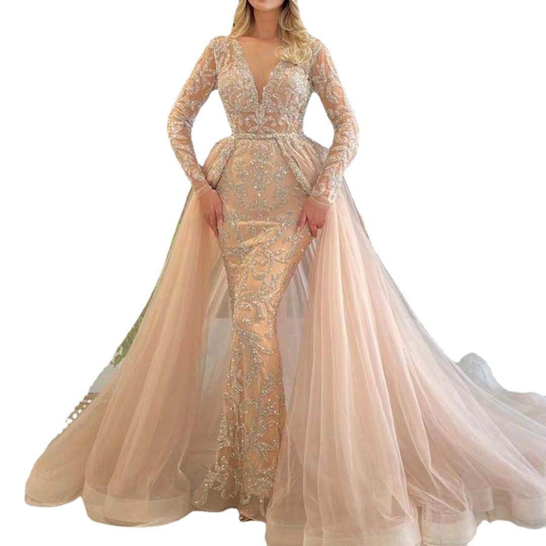 Elegant French Long-Sleeved Wedding Dress - V-Neck, Dramatic Tail - Buy Center