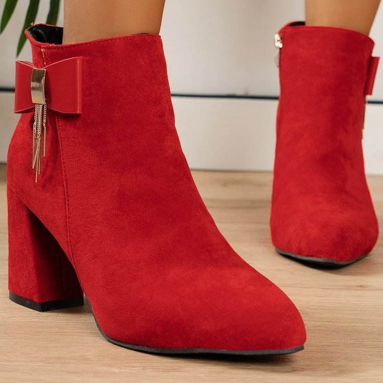 Buycenter Chunky Heel Side Zipper Boots - Stylish Red Suede for Women - Buy Center