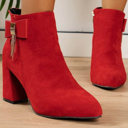 Buycenter Chunky Heel Side Zipper Boots - Stylish Red Suede for Women - Buy Center
