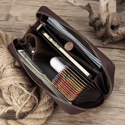 Vintage Cowhide Leather Wallet - Zipper & Multiple Card Slots for Men - Buy Center