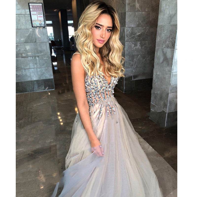 Buycenter Diamond Grey Evening Dress - Sleeveless High Waist Design - Buy Center