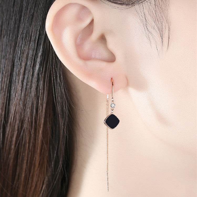 Buycenter Sterling Silver Black Square Tassel Earrings for Women - Buy Center
