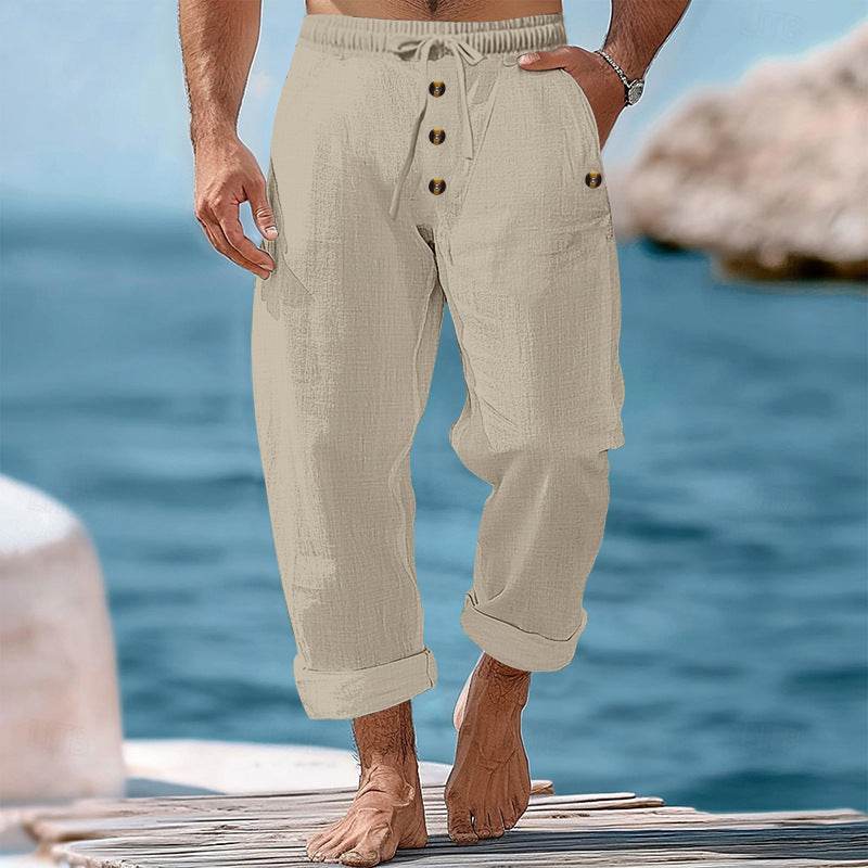 Buycenter Solid Color Cotton Linen Beach Pants - Casual Loose Fit Trousers - Buy Center
