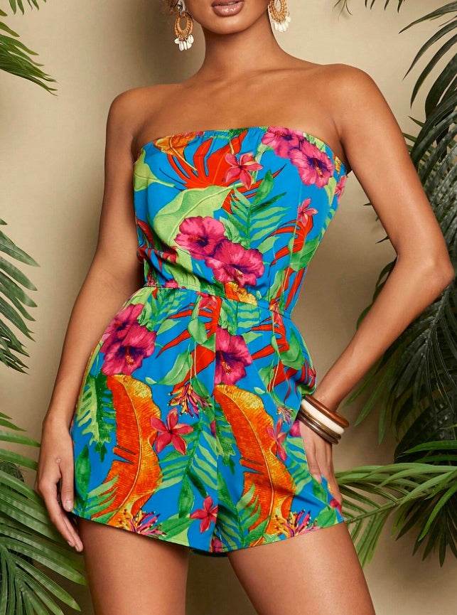 Buycenter Women's Strapless Romper - Colorful Floral Print for Vacation - Buy Center