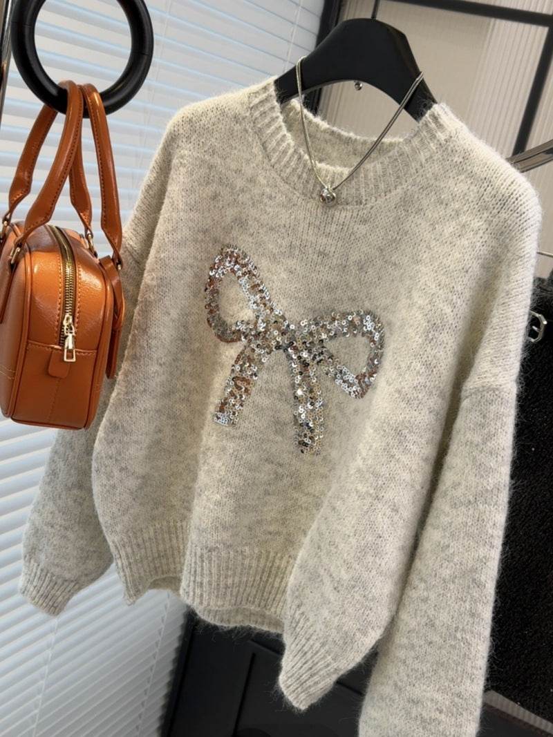 Women's Heavy-Duty Bow Sequined Pullover Sweater - Casual Loose Fit - Buy Center