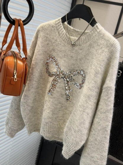 Women's Heavy-Duty Bow Sequined Pullover Sweater - Casual Loose Fit - Buy Center