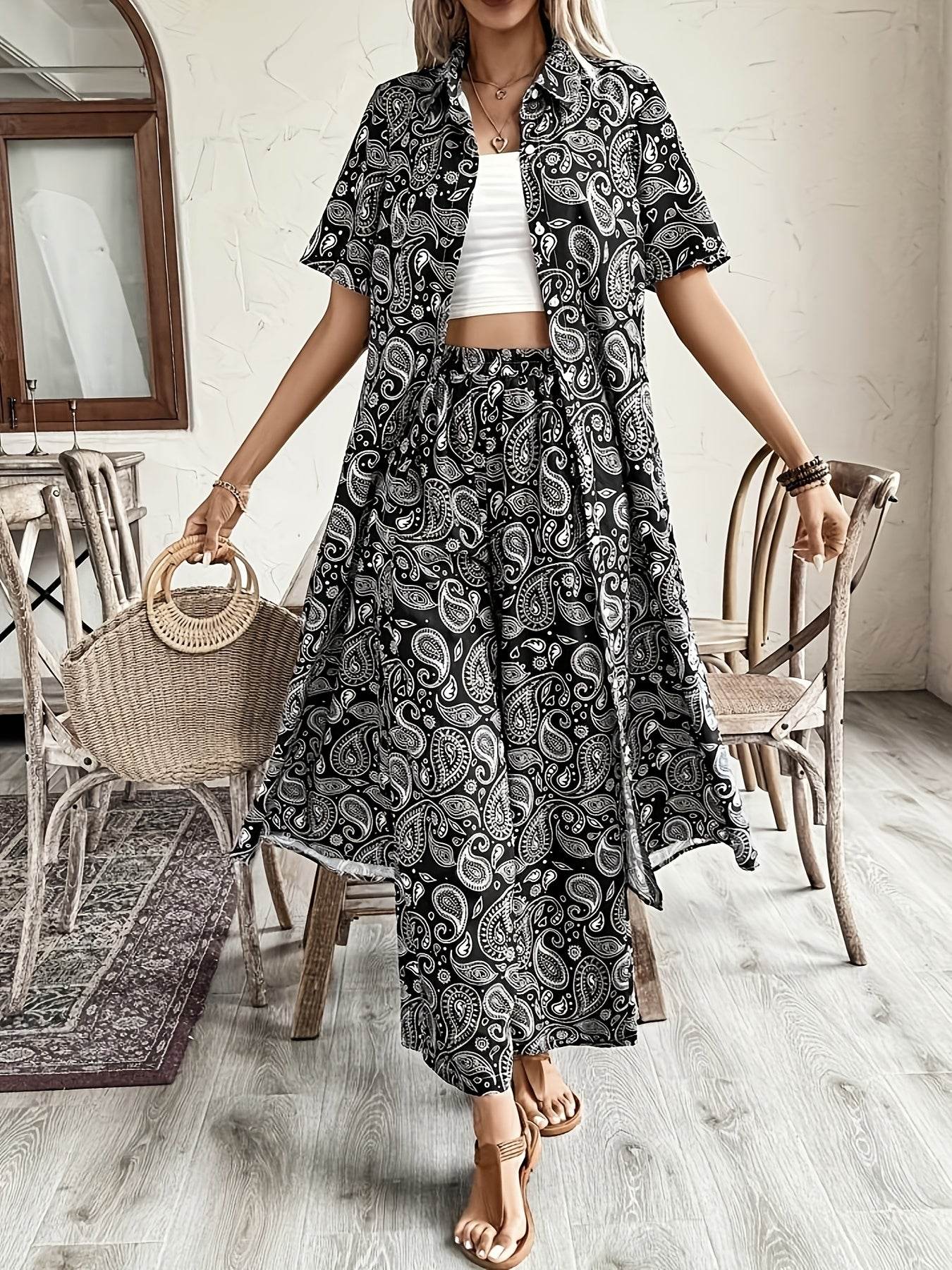 Women's Casual Two-Piece Set - Spring/Summer Paisley Blouse & Pants - Buy Center