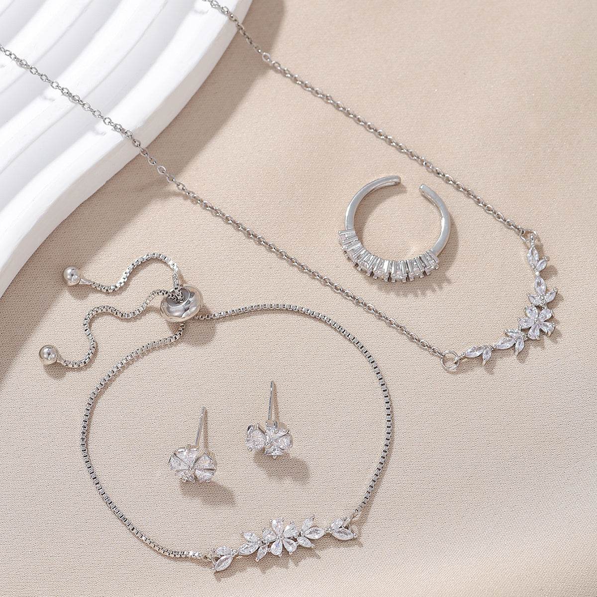 Elegant Zircon Inlaid Jewelry Set - Silver Necklace, Ring, Earrings & Bracelet - Buy Center