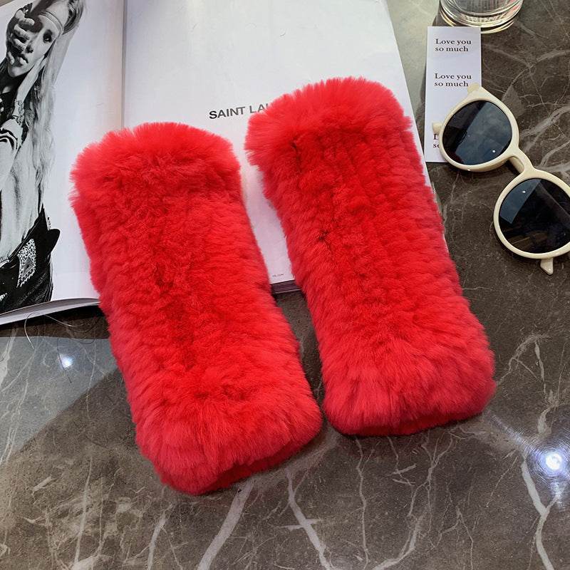 Sweet Warm Rex Rabbit Fur Gloves - Cozy Half Finger Design for Winter - Buy Center