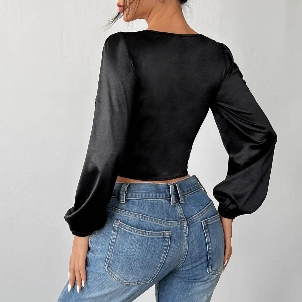 Buycenter See-Through Mesh Lace Top - Slim Fit Long-Sleeved Blouse - Buy Center