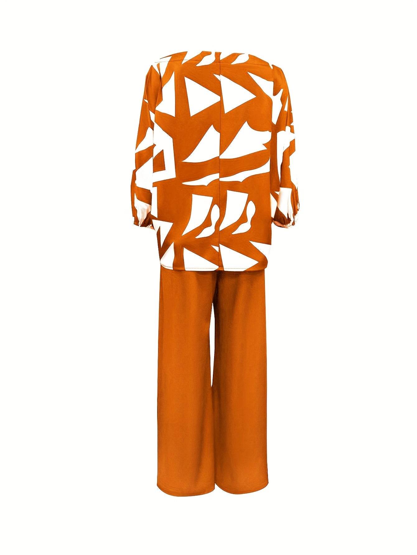 Geometric Printed Casual Top & Pants Set - 100% Polyester, All Season - Buy Center