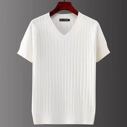 Korean Style Men's V-Neck T-Shirt - Trendy Striped Short Sleeve Design - Buy Center