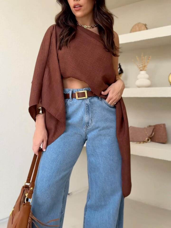 Elegant Off Shoulder Brown Crop Top - Stylish Daily & Vacation Wear - Buy Center