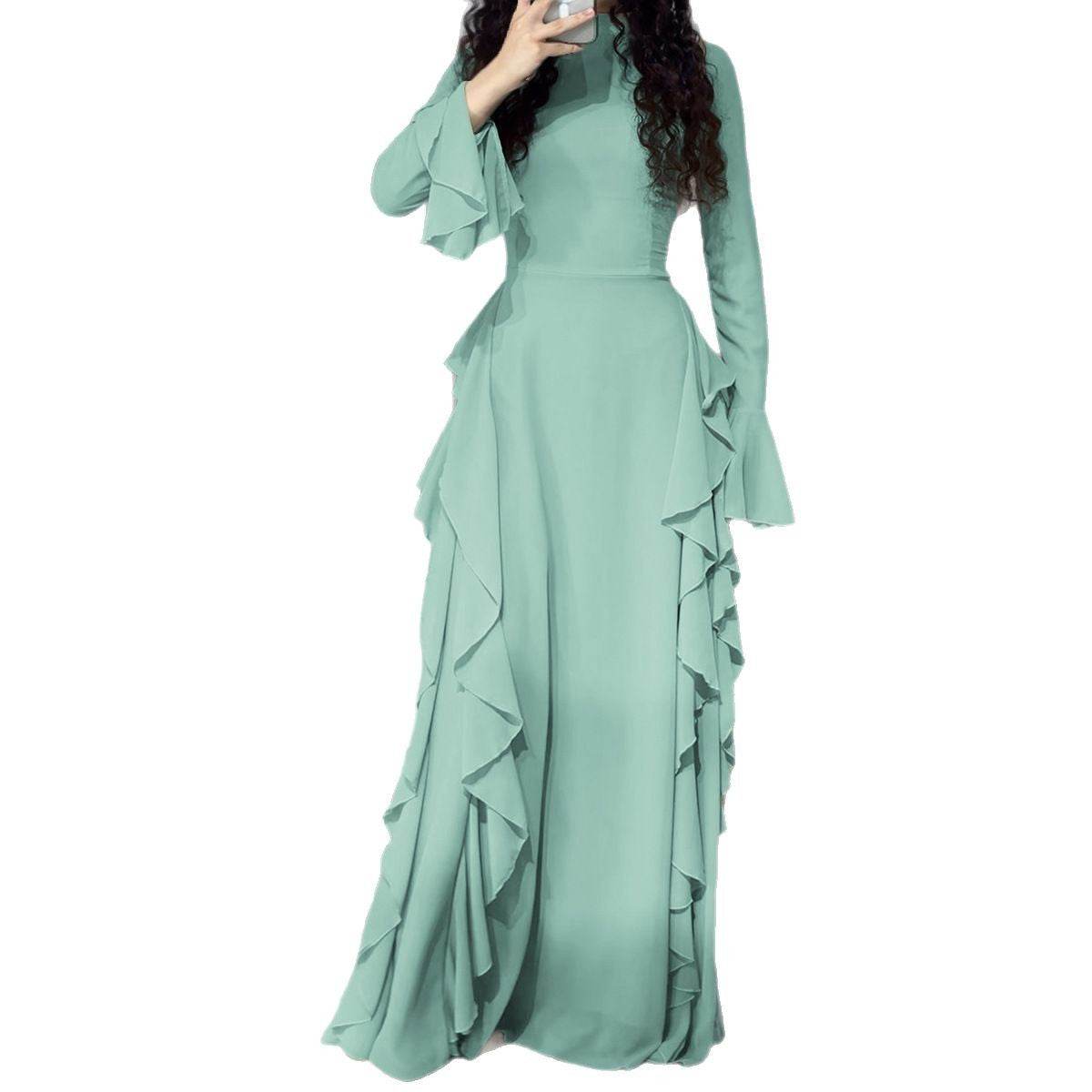 Buycenter High Waist Bell Sleeve Dress - Elegant Ruffle Design in Multiple Colors - Buy Center