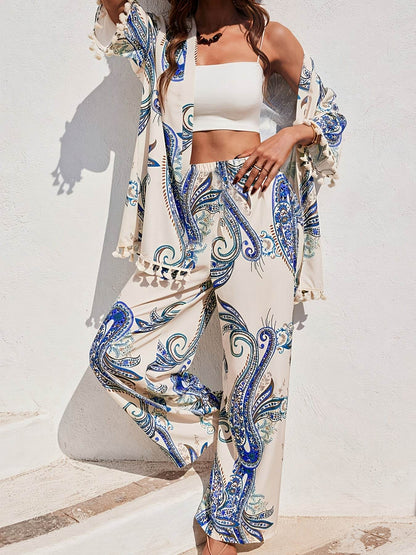 Elegant Women’s Peacock Print Kimono Top & Pants Set - Lightweight - Buy Center