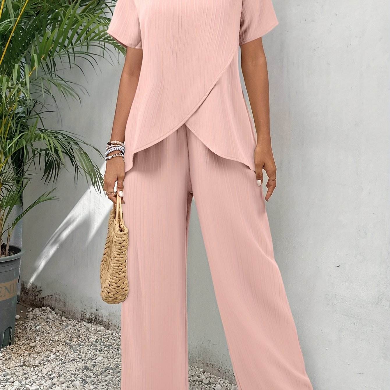 Women's Spring Casual Two-Piece Set - Round Neck Dress Top & Pants - Buy Center