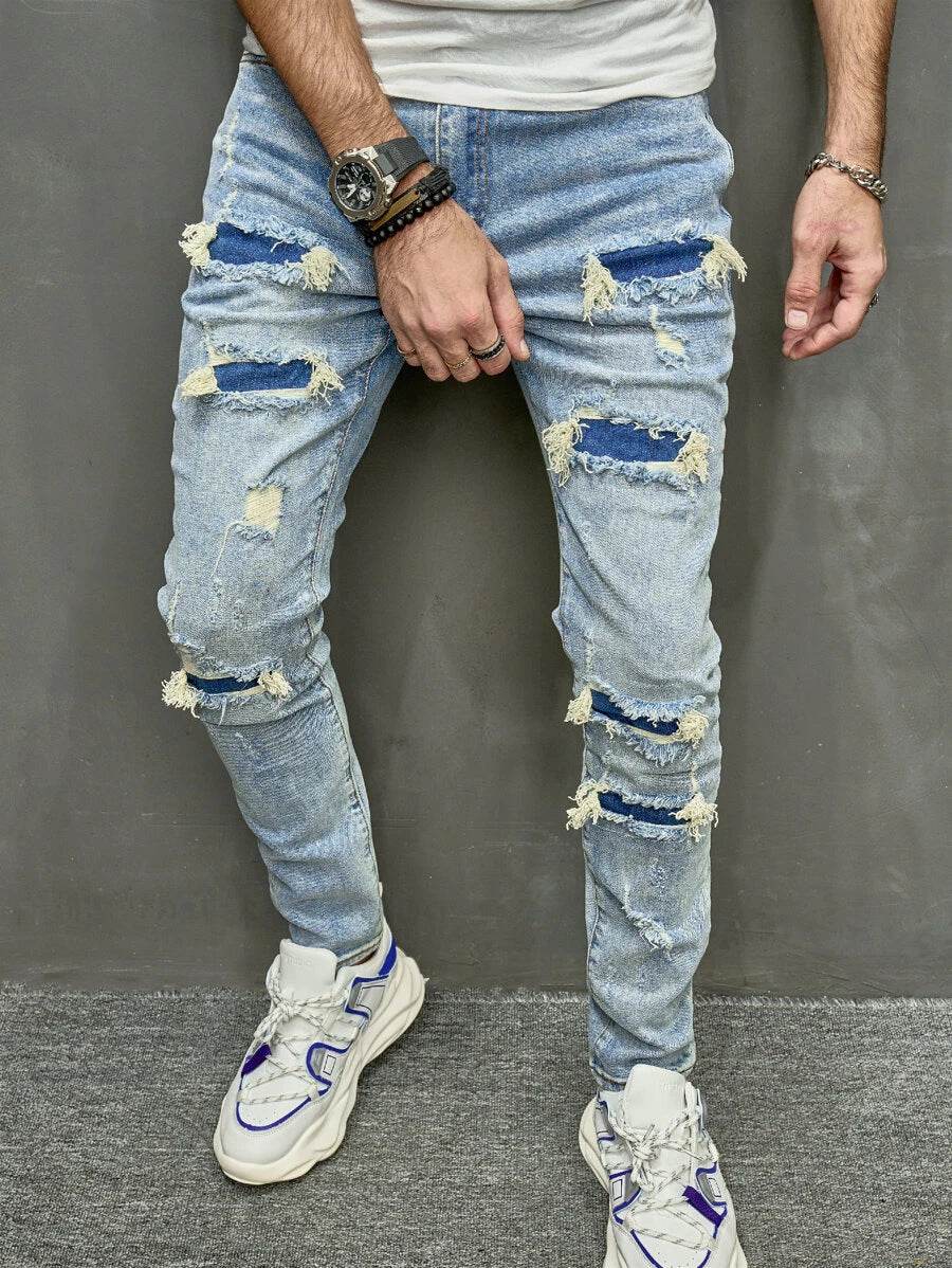 Men's Skinny Stretch Jeans - High Quality Mid Waist Trousers, Blue - Buy Center