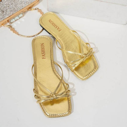 Women's Square Toe Slippers - Thin Strap, Rubber Sole Comfort in Gold - Buy Center