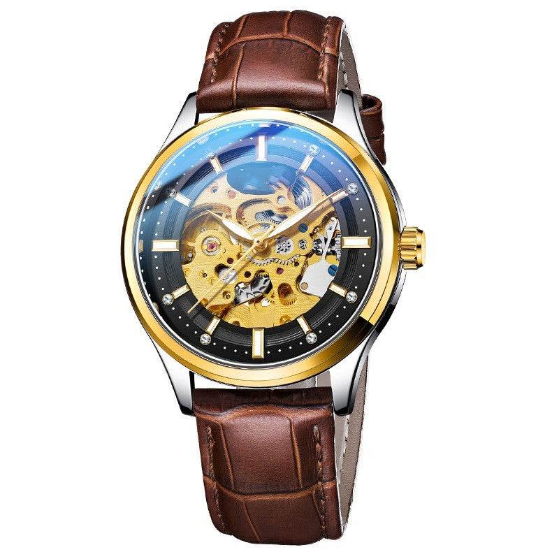 Buy Center Men's Mechanical Watch - Elegant Gold Shell & Leather Strap - Buy Center