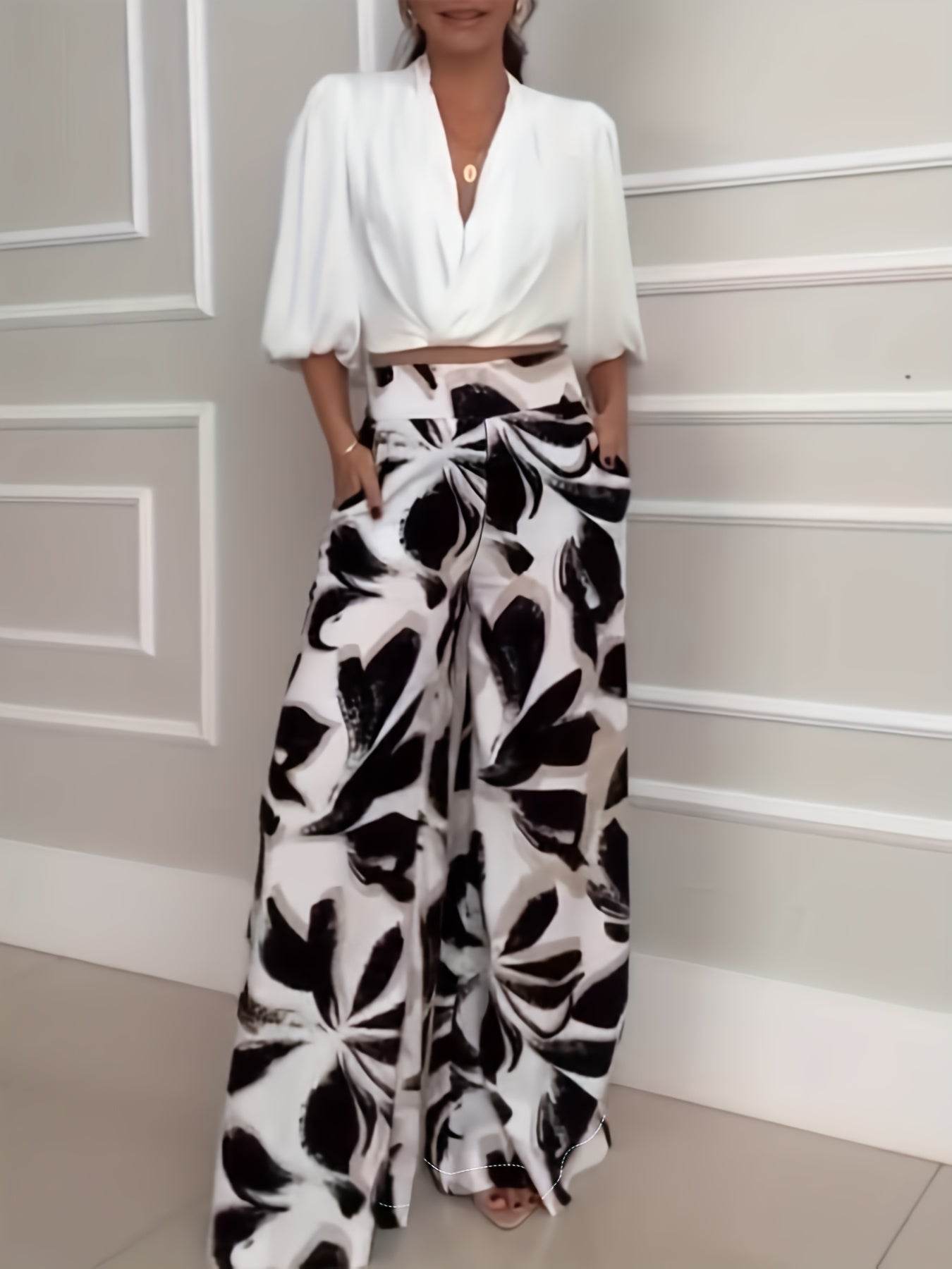 Women's Casual Floral Wide Leg Pants & Off-Shoulder Shirt Set - Buy Center