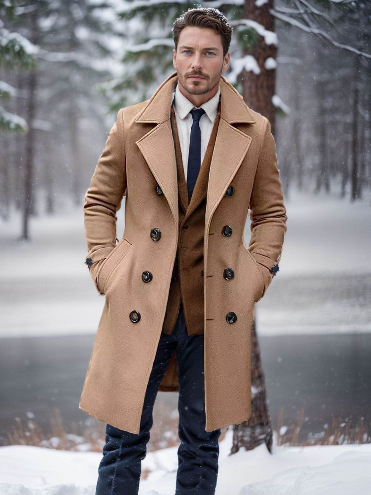 Men's Slim-Fit Woolen Trench Coat - Double-Breasted Stylish Outerwear - Buy Center