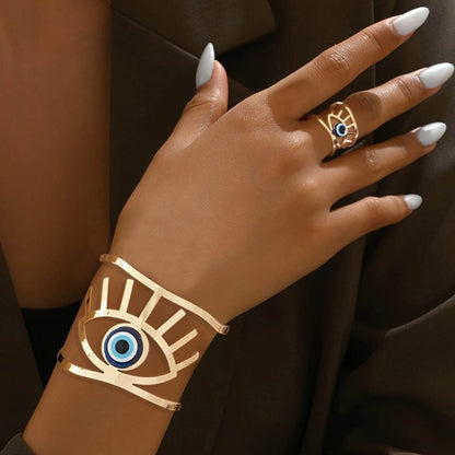 Buycenter 14K Gold Plated Bangle & Adjustable Ring Set - Golden Eye Charm - Buy Center