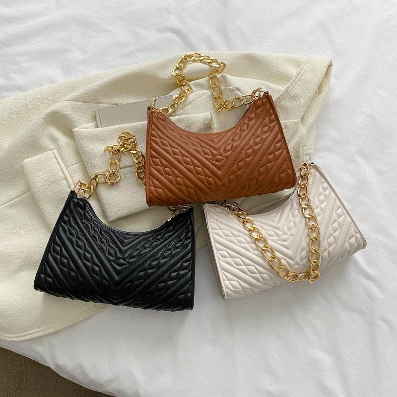 Buycenter Pleated Chain Baguette Shoulder Bag - Stylish PU Evening Accessory - Buy Center