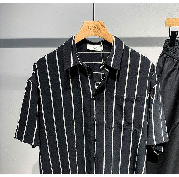 Men's Striped Short-Sleeved Shirt - Comfortable Black & Brown Style 2025 - Buy Center