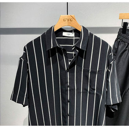 Men's Striped Short-Sleeved Shirt - Comfortable Black & Brown Style 2025 - Buy Center