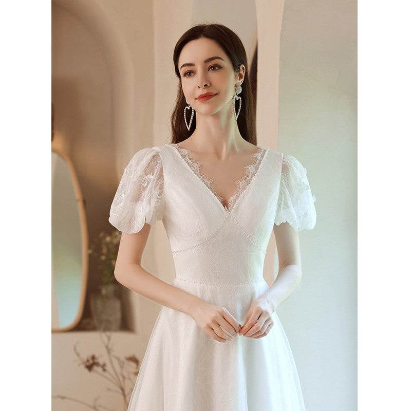 Buycenter White Evening Dress - Embroidered Deep V-Neck for Weddings - Buy Center