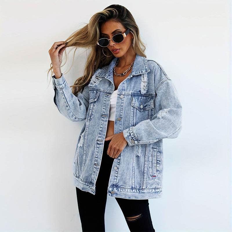 Boyfriend-Style Ripped Denim Jacket - Light Blue Casual Fashion 2025 - Buy Center
