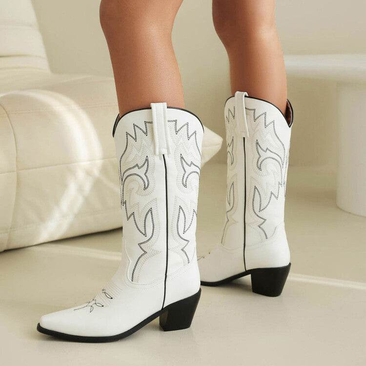Buycenter Women's Chunky Heel Knight Boots - Embroidered Genuine Leather - Buy Center