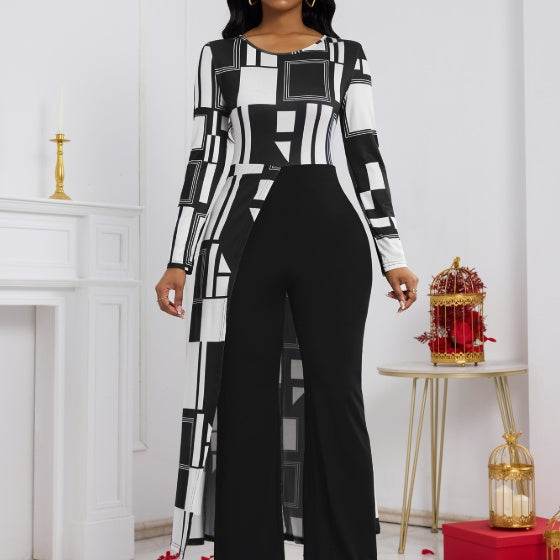 Buycenter Ladies' Geometric Pattern Jumpsuit - Elegant Long Sleeves for Fall - Buy Center