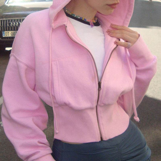 Buycenter Women's Cropped Hoodie - Pink Street Style Cardigan, Slim Fit - Buy Center