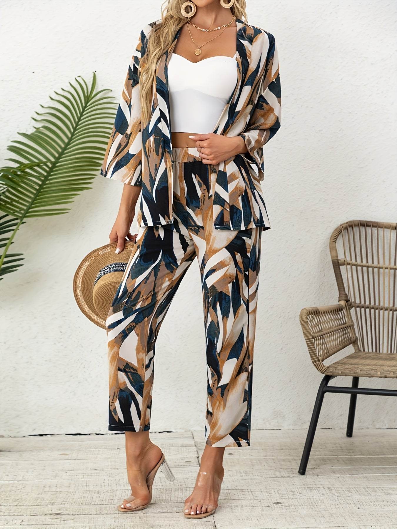 Elegant Leaf Print Two-Piece Set - Chic Blazer & Matching Pants - Buy Center